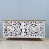 Indian Hand Carved Solid Wooden 4x Door Sideboard White